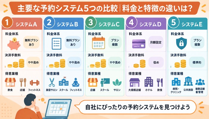 主要な予約システム5つの比較|料金と特徴の違いは?